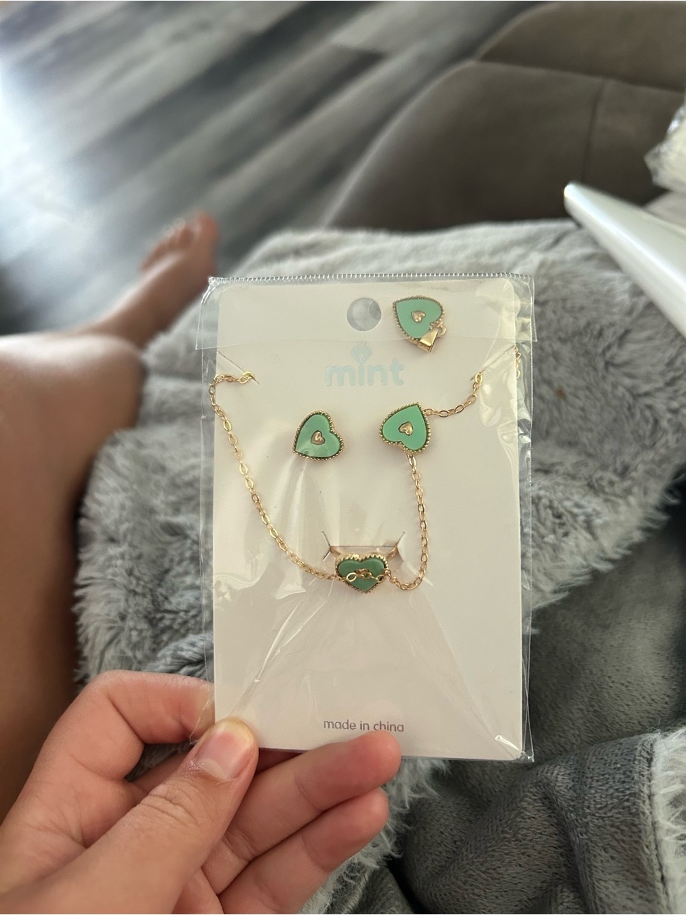4/$50 Mint Heart Necklace and Stud Earrings - Mint Green & Gold-tone
